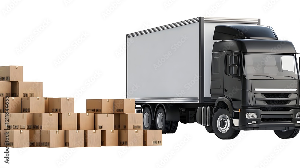 Poster clear visual of a delivery truck loaded with stacked cardboard boxes on a clean white background sui