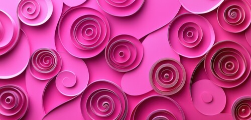 Imagine a top-down view of magenta spiraling paper cutouts against a vivid fuchsia backdrop.