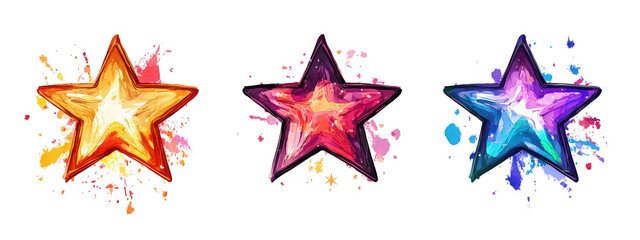 Obraz premium Bright and colorful star icons with splashes of paint in background, perfect for creative projects and designs. These vibrant stars add playful touch to any artwork