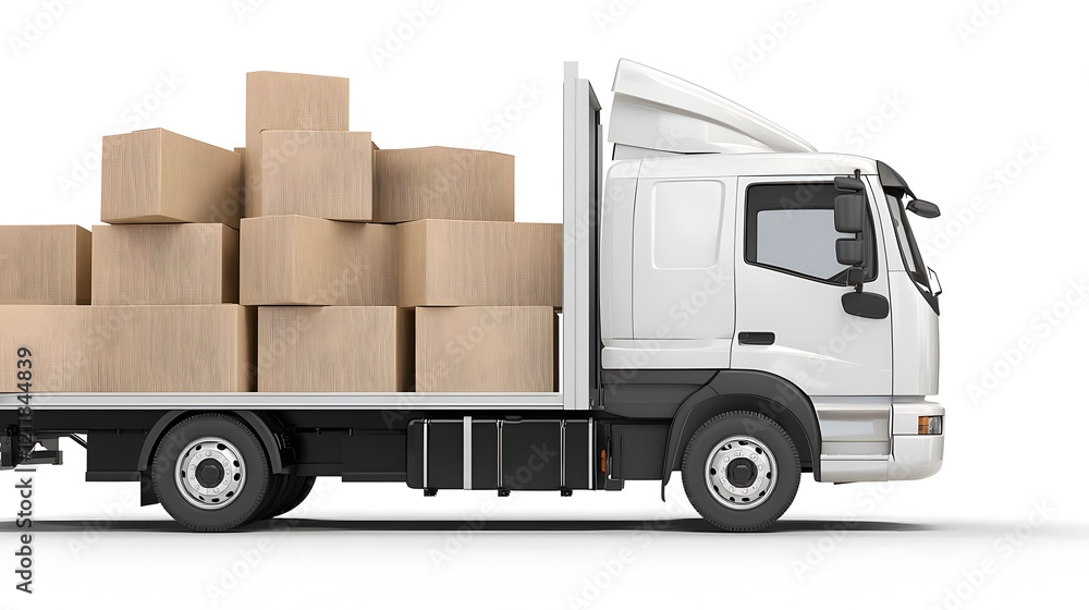 Poster high definition 3d representation of a delivery truck loaded with stacked cardboard boxes set agains