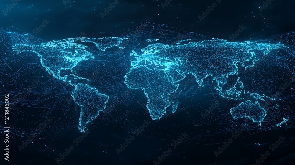 Poster a captivating digital visualization of global network connections, highlighting communication and da
