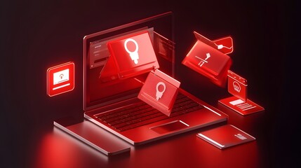 Ominous 3D digital security concept emphasizing cybersecurity risks and the need for protection against online scams phishing fraud and other digital threats featuring danger messages spam alerts