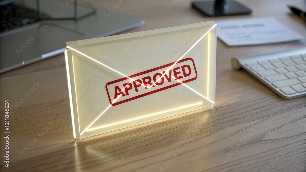 Poster approved envelope on a desk with computer accessories