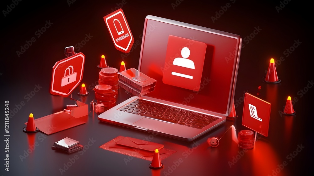 Poster Cybersecurity Risks and Digital Threats Showcased in Ominous 3D Digital Background with Caution Signs Spam Alerts and Hacking Dangers