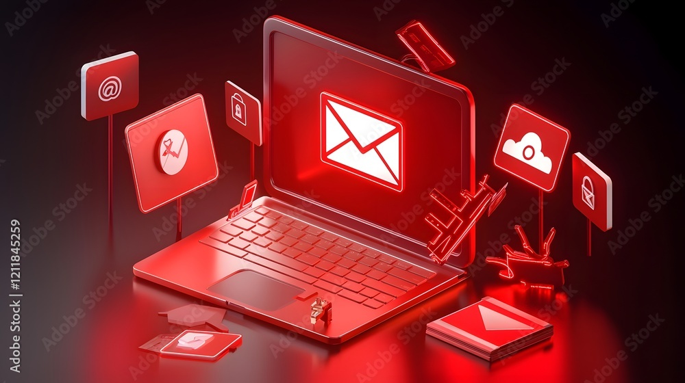 Poster 3D Digital Background Showcasing Cybersecurity Risks and Threats Including Scams Phishing Fraud with Caution Signs Spam Alerts and Attacks like Hacking Email and SMS Threats