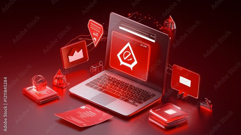 Aufkleber Cybersecurity Risks Visualized in a Glowing 3D Digital Background Showcasing Scams Phishing Fraud and Threats like Hacking Email and SMS Attacks with Caution Signs and Spam Alerts