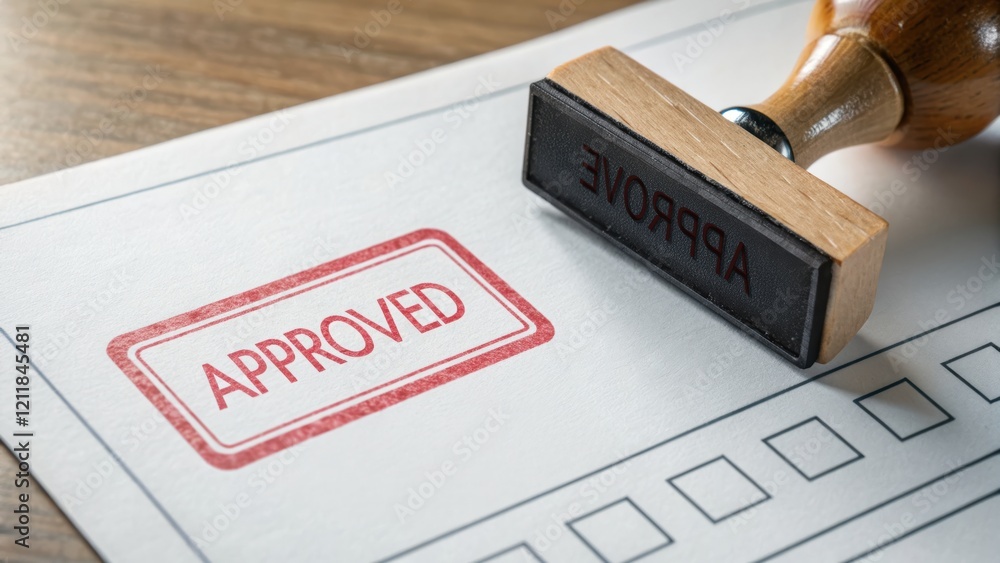 Poster approved stamp on document with checkboxes.