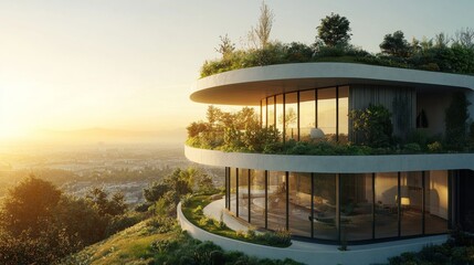 Fototapeta premium 3D rendering of a white, modern, eco-friendly building with curved balconies and green trees on the roof at sunset.