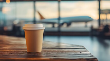 Early morning coffee moment captured at bustling international airport terminal where cup rests on rustic wooden counter as airplane wing gleams through panoramic window