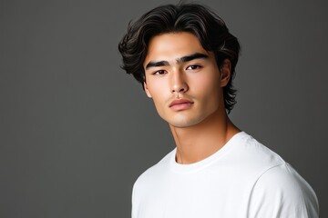 Fototapeta premium Handsome Japanese male model, with medium-length hair, posing for magazine photos in a white t-shirt, an upper body portrait against a simple background.