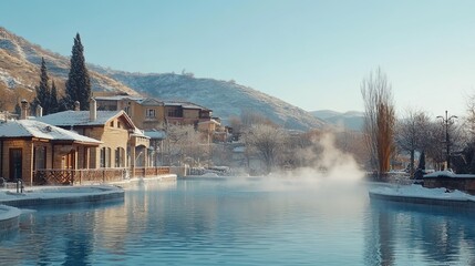 Fototapeta premium Snowy mountain resort thermal pool winter escape