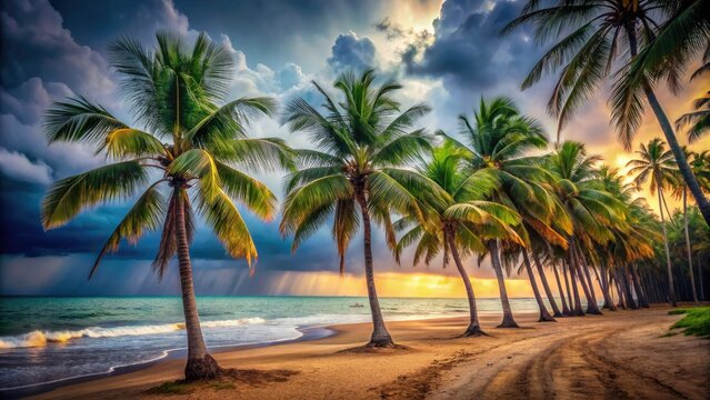 Palm trees sway under a tropical downpour; a coastal scene of rain-washed beach beauty.