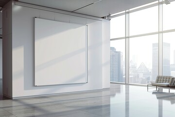 Flawless Picture of White Office and Blank Banner in Interior with Large Window