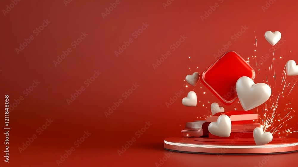 Poster festive floating 3d heart with shimmering lights on bright pink background for valentines day and ho