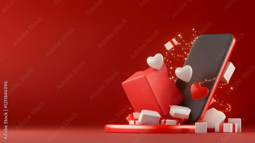 Poster vibrant and festive valentine s day design with floating 3d hearts shimmering lights and geometric s