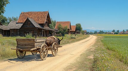 Ox-drawn cart on dirt road past wooden houses.