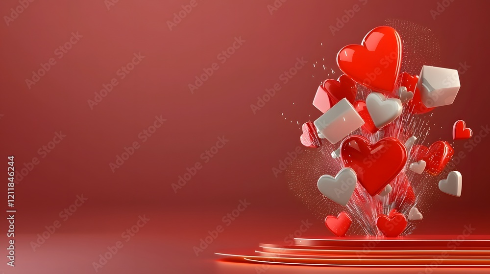Poster vibrant 3d hearts in various shades of red gracefully floating on a soft pink background with glowin