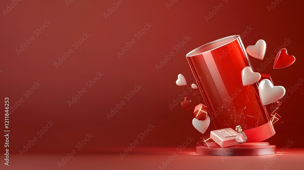 Aufkleber Vibrant 3D hearts floating gracefully on a soft pink background with glowing highlights creating a romantic and festive Valentine s Day concept