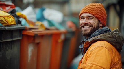 portrait of cheerful Caucasian garbage man in uniform standing near garbage containers, concept worker cleaning and garbage removal