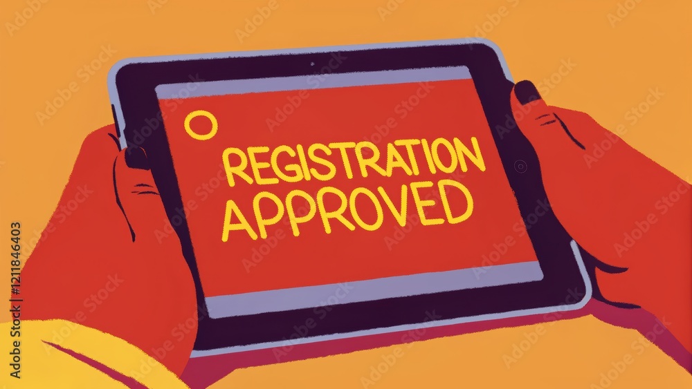 Poster digital tablet displaying registration approval message