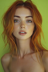 Naklejka premium Bright orange-haired model poses against a vibrant green background showcasing natural beauty during a portrait session