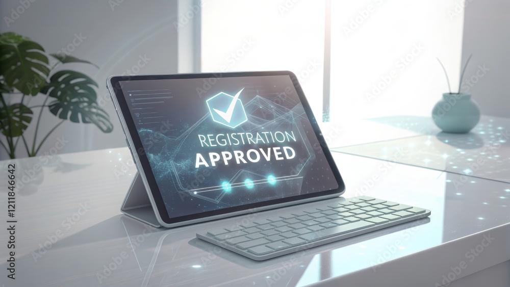Poster digital tablet displaying registration approval message