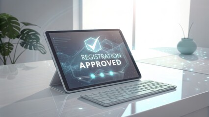Digital tablet displaying registration approval message