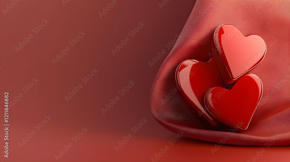 Poster elegant and shiny 3d heart shapes gently placed on a delicate pink fabric texture creating a beautif