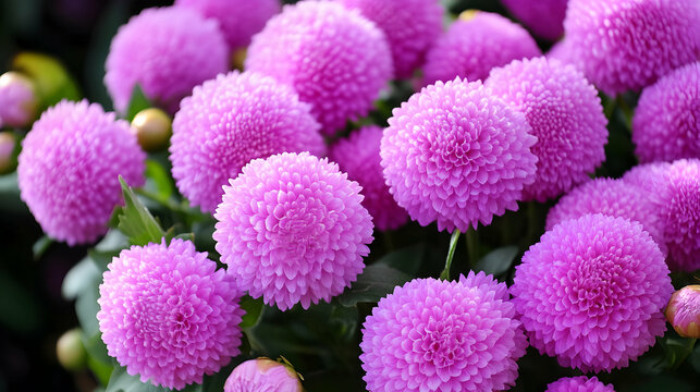 Close-up vibrant pink pompon chrysanthemums blooming outdoors, shallow depth of field, garden background; ideal for floral design
