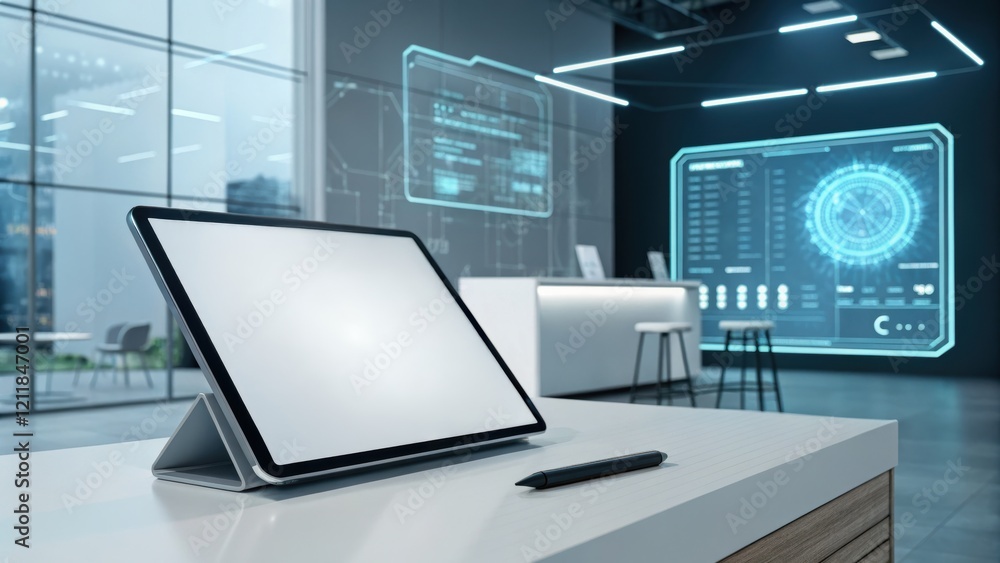 Aufkleber modern workspace with digital interface and tablet.