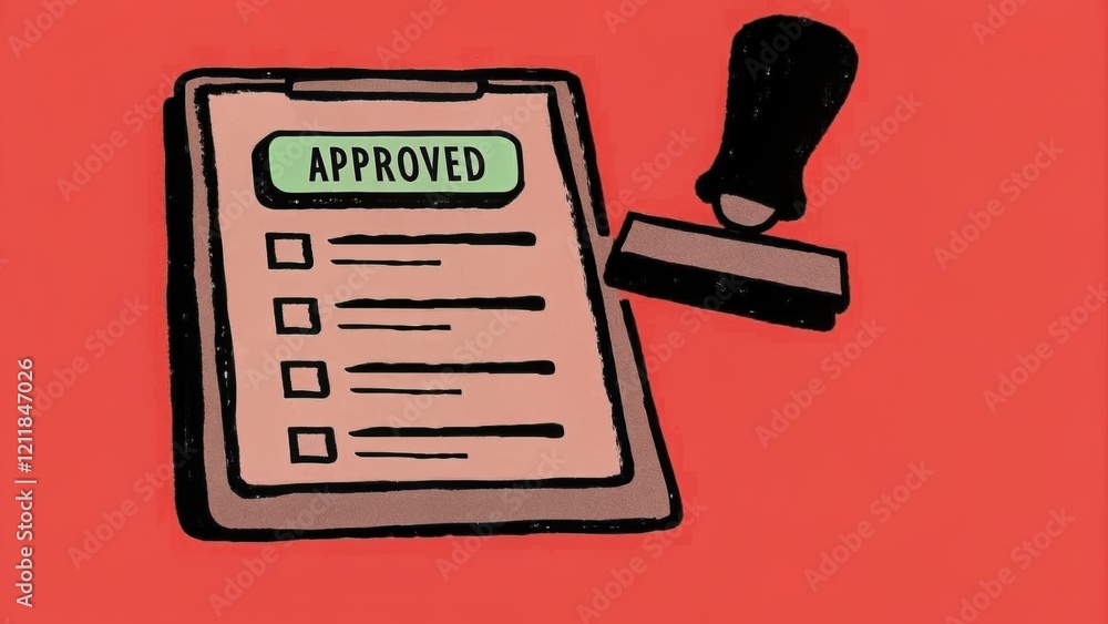 Poster approved document with a stamp on a red background