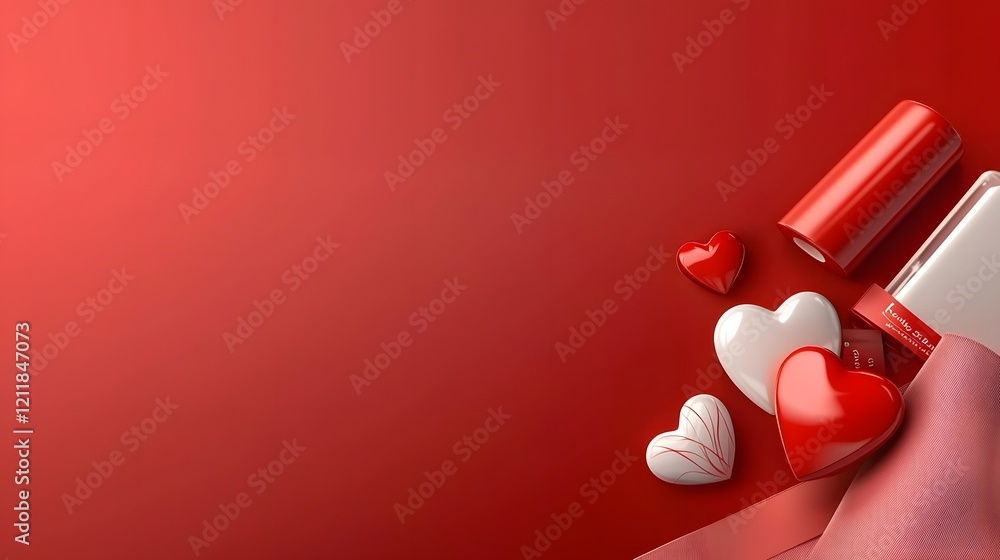 Poster shiny and smooth 3d heart shapes gently placed on a delicate pink fabric texture creating an elegant