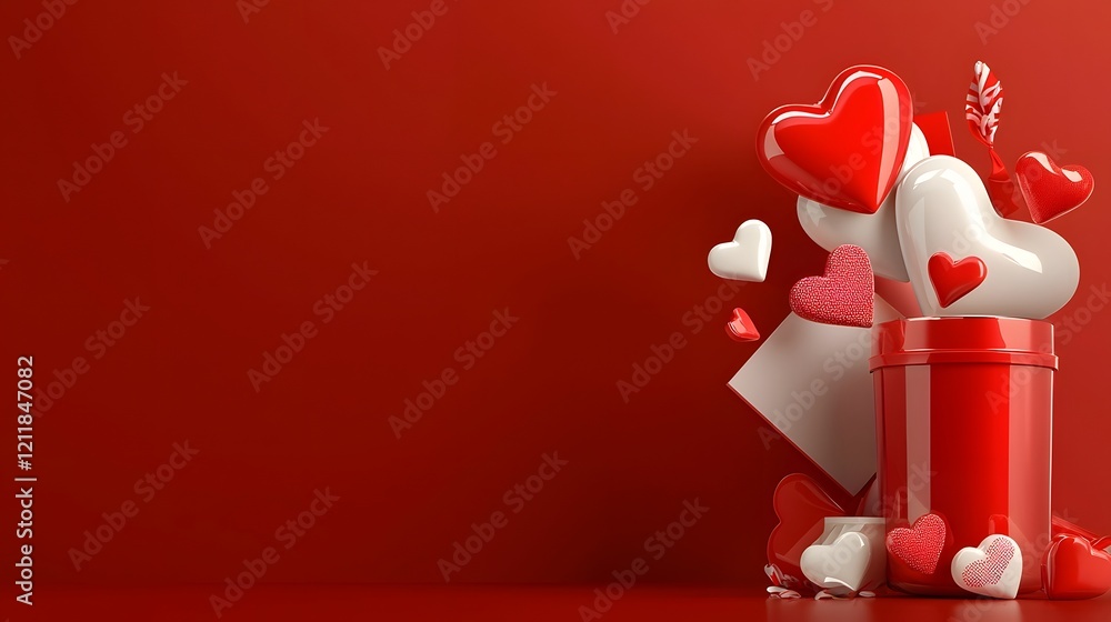 Poster luxurious glossy 3d hearts with a metallic sheen on a silky pink background creating a perfect roman