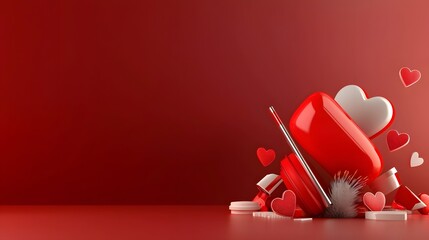 Vibrant red and pink 3D hearts scattered on a pastel pink background with smooth reflective surfaces creating a dreamy and romantic Valentine s Day theme