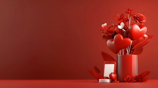 Beautiful 3D heart shaped floral arrangement with red roses and soft shadows on a warm pastel pink background  Elegant and romantic Valentine s Day themed design template