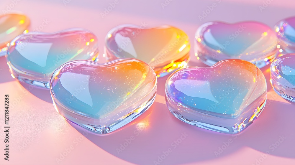 Poster scattered arrangement of glossy iridescent 3d heart shapes in a variety of sizes against a vivid pin