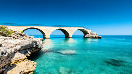 Obraz premium Coastal stone bridge over turquoise water, sunny sky, rocky shore. Ideal for travel brochures