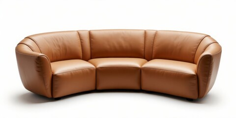 Curved tan leather three seat sofa on white background