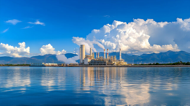 Coastal power plant reflecting in calm waters under a sunny sky with mountains in the background, ideal for industrial or environmental reports