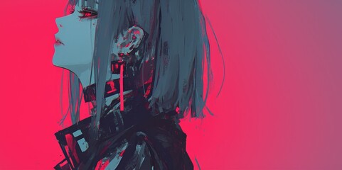 Cyberpunk Anime Girl Profile Vivid Red Background