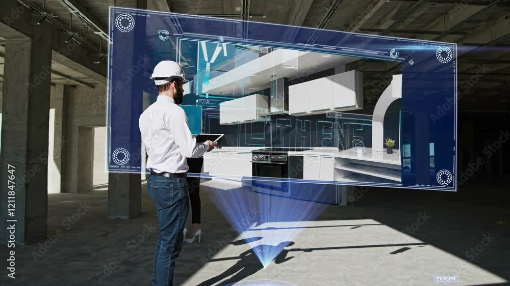 Aufkleber architect and client discuss modern kitchen design in construction site with augmented reality displ
