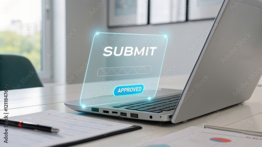 Poster digital submit button on laptop screen display
