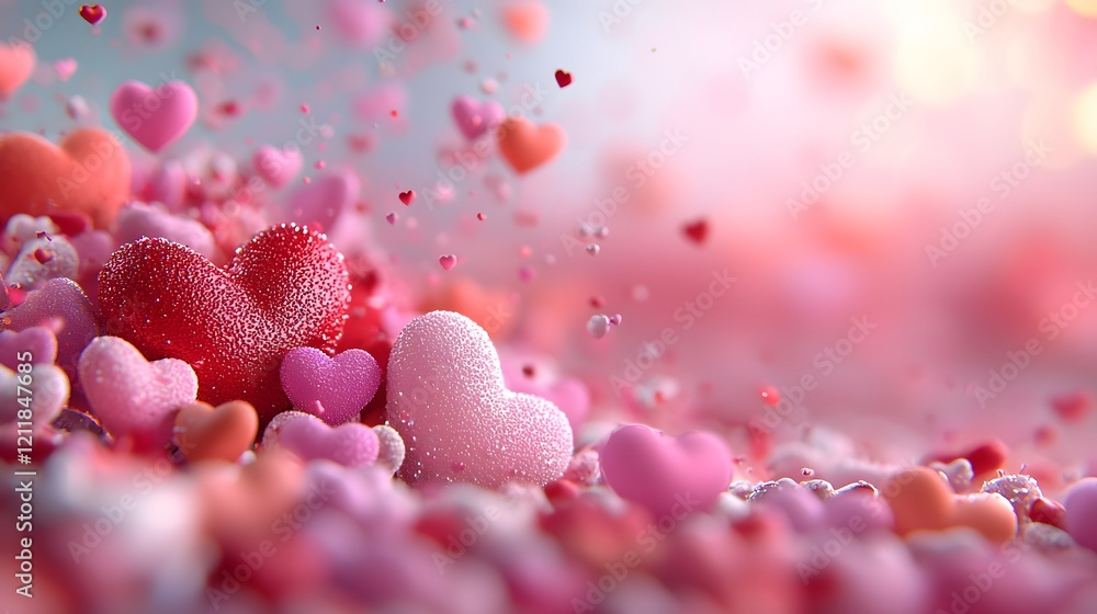 Poster Lively and Vibrant Gradient Background with Floating Red Pink and Orange Hearts Creating a Joyful and Romantic Valentine s Day