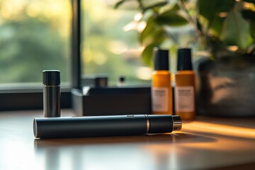 E-cigarette starter kit with charger and e-liquid bottles on a wooden table in natural light