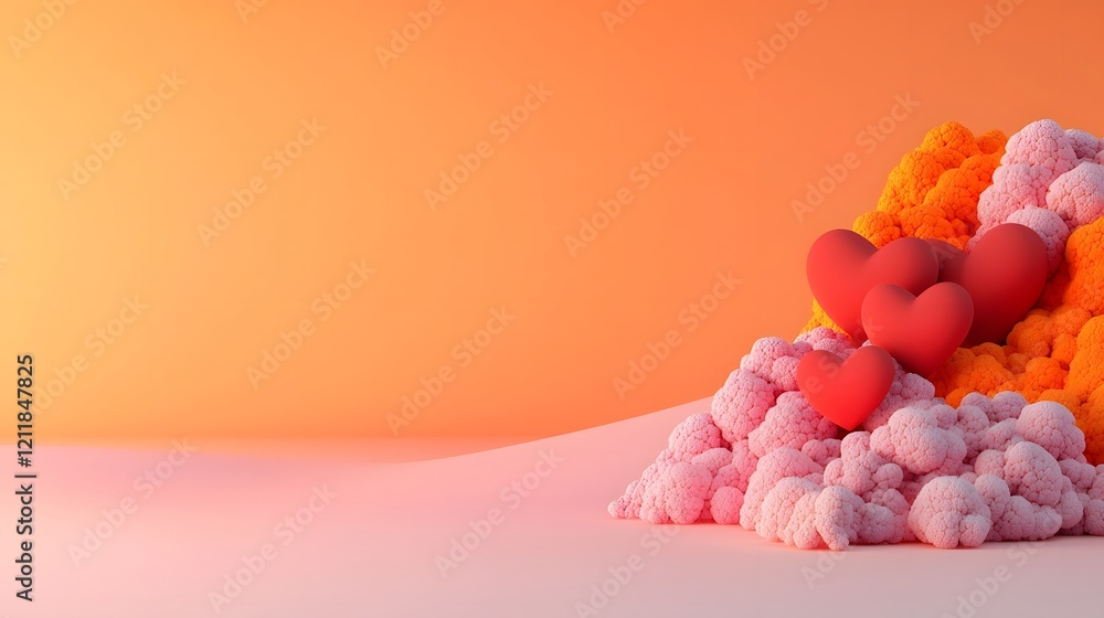 Poster Fiery red and vibrant pink 3D hearts dynamically arranged on a bold gradient background of saturated orange pink and yellow hues  A stylized contemporary digital perfect for Valentine s Day romance