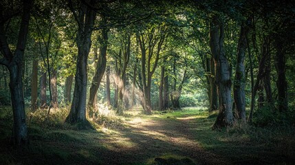 Obraz premium An artistic shot of sunlight streaming through the canopy of trees in a serene woodland setting