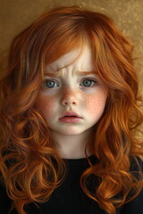 Naklejka premium Young girl with curly red hair and expressive green eyes against a golden background