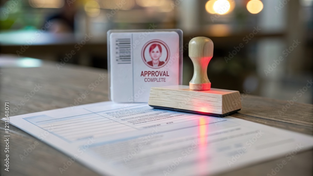Poster document with stamp and id card on a table