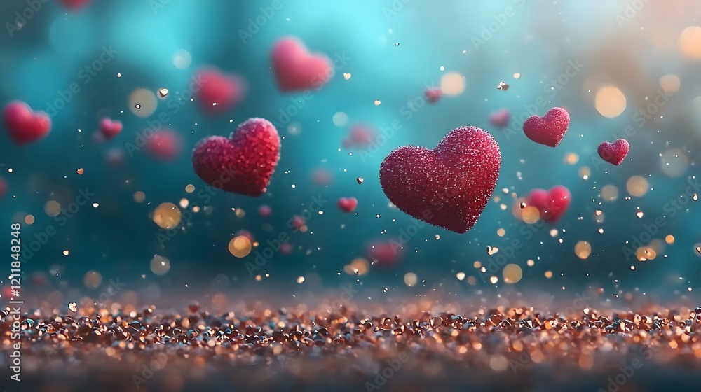 Poster playful valentine s day background with bright and glossy red pink and blue hearts floating elegantl