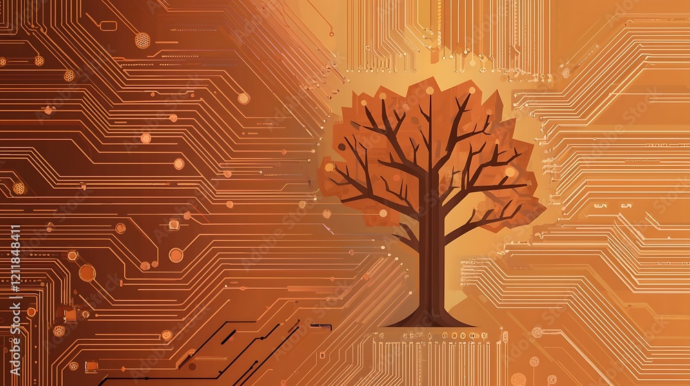 Poster a captivating fusion of nature and technology, depicting a digital tree emerging from a circuit boar